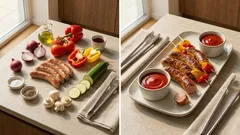 Bunte Würstchenspieße aus der Pfanne – mit Tomaten-Paprika-Ketchup