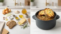 Zwiebelsuppe aus dem Ofen: mit Vollkornbaguette und goldener Bergkäsekruste