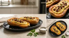 Gefüllter Butternusskürbis aus dem Ofen – mit cremiger Kichererbsen-Tofu-Füllung