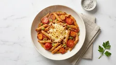 One-Pot-Pasta aus dem Ofen: Vollkorn-Penne in cremiger Tomaten-Pesto-Sauce