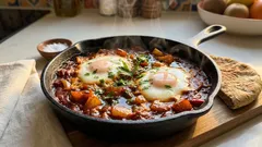 Shakshuka aus dem Ofen: würzige Tomaten-Paprika-Sauce mit Eiern – perfekt zum Brunch