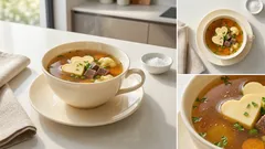 Klassische Hochzeitssuppe: klare Rinderbrühe mit Gemüse und Eierstich-Herzen