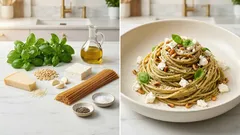 Vollkorn-Spaghetti mit grünem Pesto und Feta – in 15 Minuten auf dem Tisch