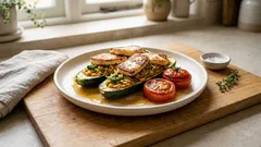 Gefüllte Zucchini und Tomaten mit Orzo-Kichererbsen-Füllung und Halloumi