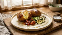 Backkartoffeln mit mediterranem Gemüse – so werden sie im Ofen außen knusprig, innen saftig