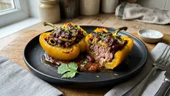 Gefüllte Paprika aus dem Ofen – mit Rinderhack, Kidneybohnen und Lauch