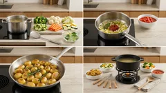 Kartoffel- und Gemüsefondue in Hühnerbrühe – mit Quark-Dip und schneller Tomatensauce