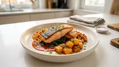 Ofenlachs mit Kürbis und Tomaten-Spinat-Sauce – ein Herbstgericht aus einer Form