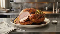 Thanksgiving-Truthahn aus dem Ofen: saftig mit Kräuter-Brotfüllung und Sauce