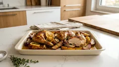 Saftiges Knoblauchhähnchen vom Blech – mit Zitronen-Kartoffeln und knuspriger Haut