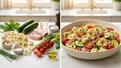 Cremiger Tortellinisalat zum Grillen – mit Zucchini, Tomaten und Putenschinken