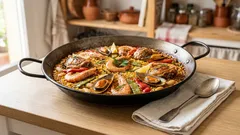 Paella wie in Spanien: Meeresfrüchte, Hähnchen und Kaninchen mit Safran