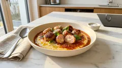 Putenhackbällchen in Tomatensauce – mit cremiger Parmesan-Polenta