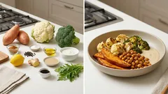 Ofengemüse mit Blumenkohl & Kichererbsen – mit frischem Soja-Tahini-Dip