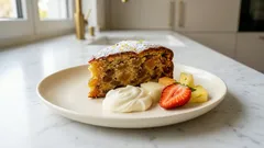 Irischer Früchtekuchen: saftig, buttrig und mit Sahne-Quark-Creme serviert