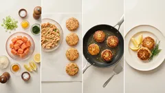 Saftige Lachs-Fischfrikadellen in 10 Minuten – mit Gurken-Radieschen-Salat und Senf-Joghurt