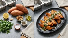 Knusprige Süßkartoffel-Wedges aus dem Ofen – mit Petersilien-Walnuss-Pesto