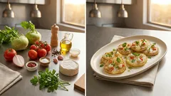 Low-Carb-Bruschetta aus dem Ofen: Kohlrabi statt Brot, mit Ziegenkäse & Tomaten