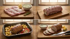 Gefüllte Lammbrust aus dem Bräter – mit Schafskäse-Kräutern und Ofengemüse