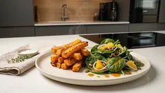 Knusprige Kürbis-Pommes aus dem Ofen – mit Spinatsalat und Orangendressing