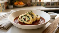 Gefüllte Polentarolle aus dem Ofen – mit Grünkohl, Gruyère und schneller Tomatensauce